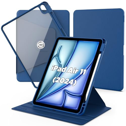 CACOE Funda para iPad Air 11 2024/iPad Air 5ª/4ª Generación 10,9 Pulgadas 2022/2020 Air 6/5/4, con Soporte para Pencil, Carcasa Soporte Rotación de 360 Grados Protectora Respaldo Clara,mar Azul