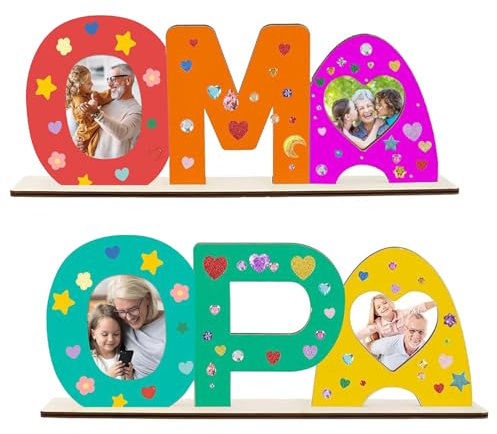 4 Stücke Oma Opa Geschenk Holzbuchstaben Muttertag Holz Fotorahmen Von Holz Bastelset Sinnvolle Geschenke für Opa Holznamen Bemalen Und Fotos Ankleben für Geburtstag Weihnachten Dekoration