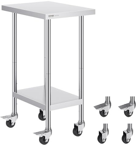 VEVOR Tavolo da Lavoro in Acciaio Inox 24 x 18 x 38 Pollici, con 4 Ruote, 3 Livelli di Altezza Regolabili, Tavolo da Lavoro per Preparazione Alimenti Pesante, per Cucina Commerciale, Ristorante