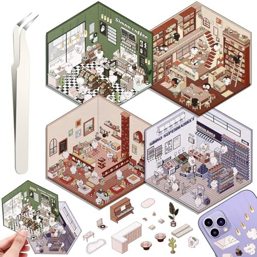 DIY 3D-Hausaufkleber, 4er-Set, lustige DIY-Aufkleber, Szene, machen Sie Ihr eigenes warmes Zuhause, Supermarkt, Café, Musikbar, niedlicher 3D-Cartoon-Szenen-Aufkleber für Erwachsene und Kinder