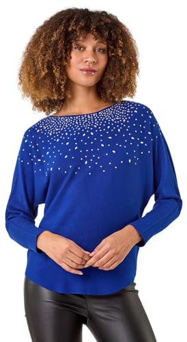 Roman Originals Women Diamante Embellished Jumper Ladies Sparkly Sequin Sweater Batwing Autumn Winter Knit Knitwear Glittery Shiny Casual Evening Going Out Party - Royal Blue - Size 12