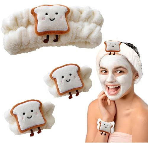Pack of 3 Skincare Haarband, Handgelenk Waschband des Gesichts ohne tropfendes Weißer Toast Spa Stirnband Armband Sets Cartoon-Armband Saugfähige Wrist Sweatbands Für Mädchen