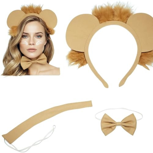 4 Stück Karneval Kostüm Set Tier Haarreif mit Ohren Schwanz Fliege Löweohren Stirnband Cosplay Straßenkarneval Party Zubehör für Erwachsene Kinder Karneval Halloween Maskerade Kindergeburtstag