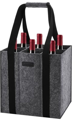 Lewooilt Wine Carrier Bag 6 Bottles, Reusable Felt Wine Bottle Bag Holder with Handles Shape-Retaining Bottle Bag for Transporting Liquor, Champagne, Beer, Drinks, Water Bottles, Dark Gray
