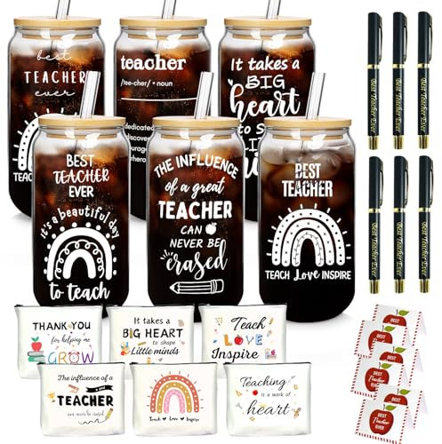 Lot de 24 gobelets en verre avec couvercles, pailles, stylos, pochettes et cartes de remerciement – Cadeau de fin d'études pour enseignant, rentrée scolaire