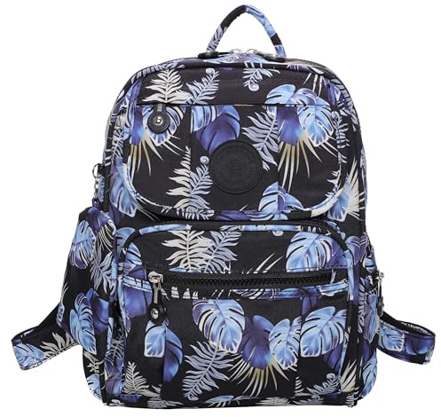 Big Handbag Shop Lightweight Rainproof Travel Backpack for Women & Men - Multi Pocket Small Rucksack with Detachable Pouch & Adjustable Straps - Everyday Flight Bag (Blue Tropical Leaves)