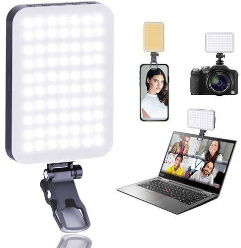 60 LEDs Selfie Light, 3 Lighting Modes, Rechargeable Clip on Phone/Laptop/Camera Light & CRI 97+ for Laptop/Phone, iPhone Camera, Video Conference, Youtube, TikTok, Makeup Vlog (Black)