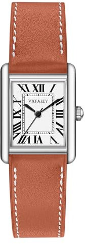 VXFAIZY Rechteckige Damenuhr mit Retro Römischen Zahlen und Lederarmband(Khaki Silber)
