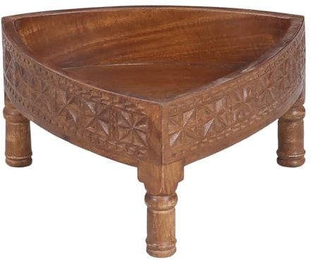Marrakesch Vintage Beistelltisch aus Mangoholz | Blumenhocker & Blumentopf-Untersetzer Acheron 35x20 cm | Orientalischer Hocker Holztisch mit Schnitzereien | Dekorativer Sofatisch & Ablagetisch