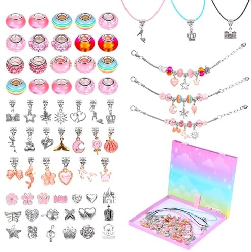 Luxoraiova 66 Teile Armbänder Selber Machen, Mädchen Geschenke 8-12 Jahre, Einschulung Mädchen für DIY Charm Armband Kit mit Perlen, Anhängern, 3 versilberte Kette und Geschenkbox
