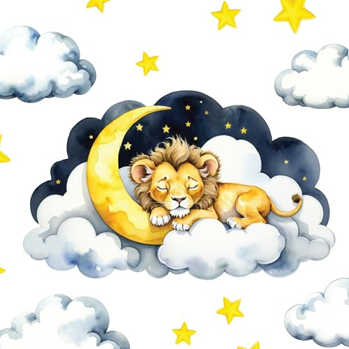 Boho Kinderzimmer Wandtattoos – Traumhafter Aquarell Löwe auf Wolke | Mehrteiliges Set mit Wolken, Mond & Sternen | Abnehmbare Stoff Wanddeko fürs Kinderzimmer