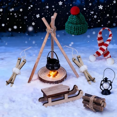 eupdd 10 Stück Wichtel Zubehör Weihnachten: Puppenhaus Zubehör, Miniatur Weihnachten Lagerfeuer Set Mit Wichtel Schlitten, Miniatur Lagerfeuer, Brennholz, Für Winterlandschaften