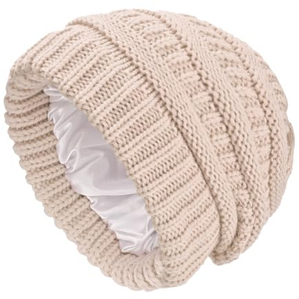 SGQTZDZQ Mit Satin gefütterte Beanie-Mütze für Damen, warm, lässig, Wintermütze, klassisch, modisch, wollig, Zopfmuster, Totenkopfmütze, beige, Einheitsgröße