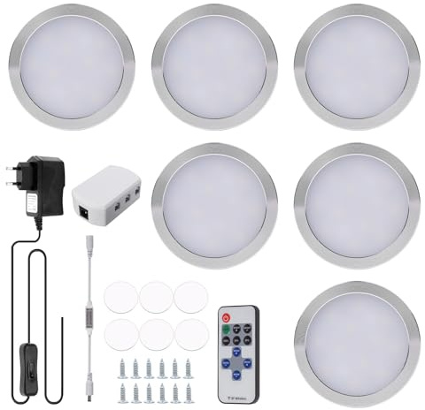 SUNOYA 6er LED Schrankbeleuchtung, 12V LED Unterbauleuchte mit Fernbedienung, Dimmbar RGB Vitrinenbeleuchtung, Unterbauleuchten für Kabinett Schränke Weinschrank Kleiderschrank