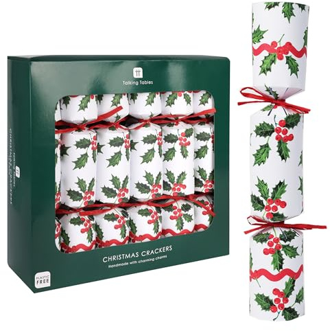 Talking Tables 12 x Christmas Crackers Eco Friendly Holly Design, Plastic Free with Drink Charms, Paper Hats & Jokes – Festive Table Decorations, Set of 12