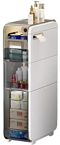 Meuble de salle de bain fin avec tiroirs transparents et roulettes verticales pour espaces étroits, meuble haut en plastique pour lavabo de salle de bain