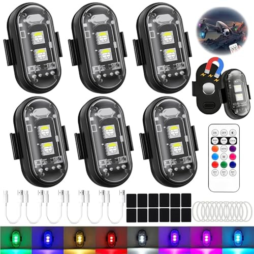 6 Stück Kabellose LED Lichter, 8 Farben Wasserdicht Blitzlicht mit Fernbedienung, Strobe Drone Light, Fußraumbeleuchtung Unterbodenbeleuchtung LED Innenraumbeleuchtung Blitzer für Drohne, RC-Auto
