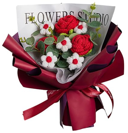 Bouquet di fiori lavorato a maglia, rose eterne, fiori artificiali eterni, bouquet intrecciato a mano, fiori all'uncinetto per festa del papà, compleanno, matrimonio