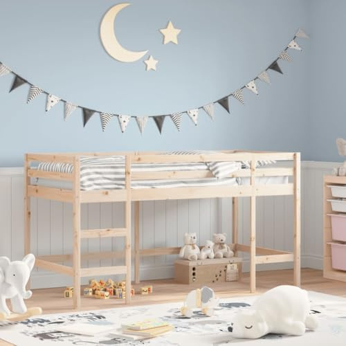 GeenYuu Kinderhochbett 90x200 cm aus massivem Kiefernholz, Einzelbett mit Leiter, Rausfallschutz, Platzsparendes Design für Kinderzimmer, Robustes Jugendbett, Naturholz-Finish