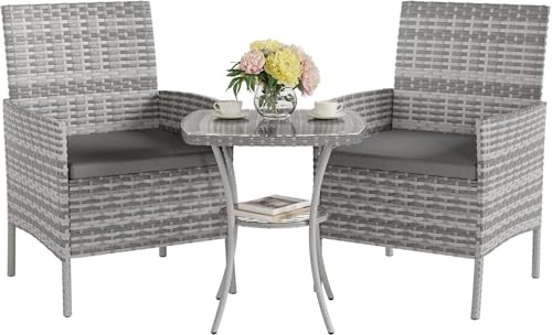 UDPATIO Salon de Jardin Exterieur 2 Fauteuils avec Coussin et 1 Table Basse en Verre trempém, Canapé de Jardin en rotin pour Le Jardin et la terrasse, Gris