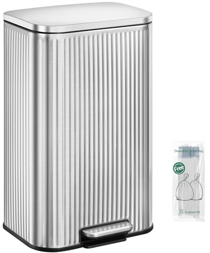 Hzuaneri Poubelle de Cuisine, Poubelle à Pédale de 30 Litres avec bac Intérieur Amovible, Motif à raies droites, Couvercle à Fermeture Douce et 15 sacs Poubelles, Acier inoxydable, Argent SW13199E