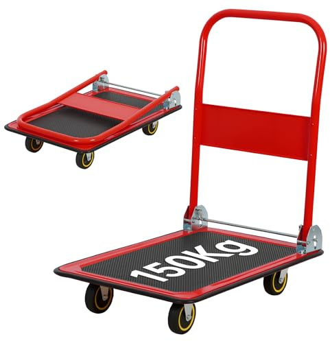 Panana Plattformwagen, Transportwagen Klappbar mit 150 kg Tragfähigkeit - Transportkarre Handwagen Klapptransportwagen mit Lenkrollen & Feststellbremse für Transport und Lagerung (Rot/Schwarz)