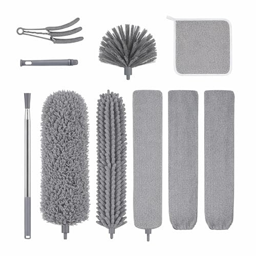 JF HOME BLISS Feather Duster Cleaning Kit 8 PCS, 245cm Extendable Telescopic Long Handle Microfiber Duster, Cobweb Dusting Brush Set for High Ceiling Fans AC Vents Indoor Home Cleaning (Grey)