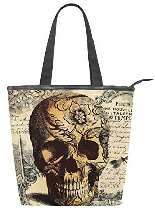 Mnsruu Große Canvas-Handtasche für den Strand, Reisen, Einkaufen, Schultertasche, Retro, Totenkopf-Blume, Buchstabe, Sommerurlaub, Handtasche für Frauen und Mädchen