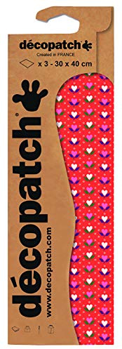 Décopatch - Ref C814C - Red & Pink Heart Print Paper Pack - Each Sheet 30 x 40cm, Pack of 3 Paper Sheets - Best Used with Décopach Glue & Varnish, Red & Pink