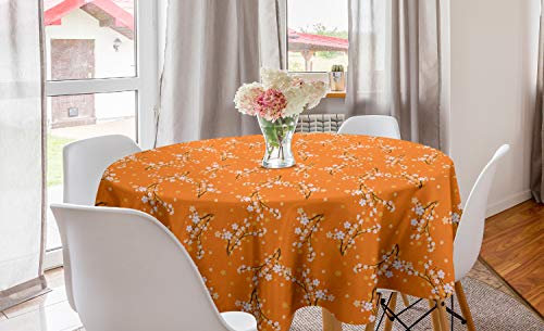 ABAKUHAUS Blumen Runde Tischdecke, Kirschbaum-Blüten, Kreis Tischdecke Abdeckung für Esszimmer Küche Dekoration, 150 cm, Orange Weiß Braun