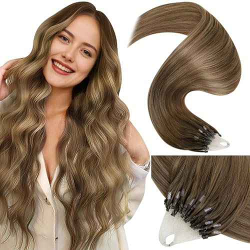 LaaVoo Microring Extensions Echthaar Braun Balayage Micro Loop Echthaar Extensions 1g/s Hellbraun Ombre Goldblond Haar Extensions Echthaar Microring Glatt #8/16/8 50s/50g 40cm