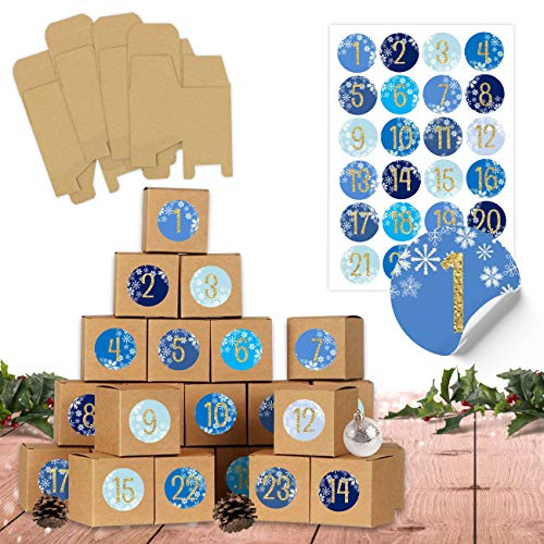 Papierdrachen Adventskalender 2025 - Set mit 24 braunen Boxen und blauen Zahlenstickern - DIY Kalender zum Basteln und Befüllen