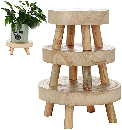 PONLEE 3 x Vintage-Holz-Topfpflanzenständer, Mini-Holzhocker, Präsentationsständer, runder Holzhocker, Pflanzenständer, multifunktionaler Blumentopfhalter für den Garten