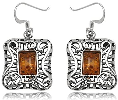 EYS JEWELRY Ohrhänger Damen eckig 925 Sterling Silber Bernstein bronze-braun Damen-Ohrringe