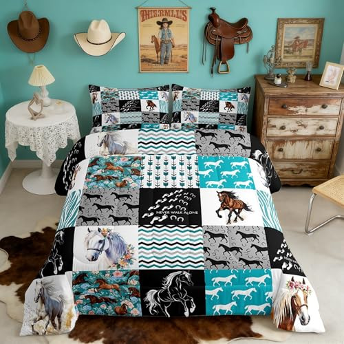 Horse Bedding,Western Farmhouse Horse Comforter Set For Girls Full Bed,Boho Arrow Teal Zebra Stripe Comforter For Kids Boys Women,Rose Flower Rustic Cowboy Quilt Duvet sets 2 Pillowcases Black White