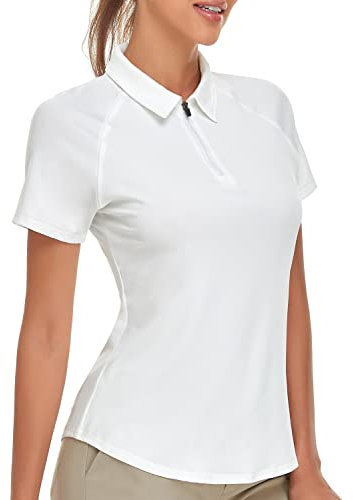 Soneven Sportshirt Damen Kurzarm Poloshirt für Damen mit 1/4 Reißverschluss Sport Tshirts Damen Schnelltrocknend Atmungsaktiv Polohemd für Golf Tennis Fitness Trainning Laufen (Weiß, L)