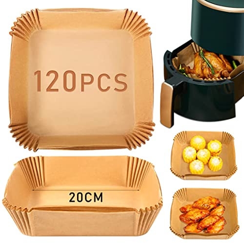 Air Fryer Liners 120Pcs Air Fryer Accessories Disposable Airfryer Liners Square Parchment Paper Greaseproof Non-Stick for Air Fryer, 7.9 Inch (120 PCS - 20CM / Square)