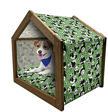 ABAKUHAUS Fußball Hundehütte aus Holz, Lustiger Panda-Herz-Stern, tragbare Hundehütte für drinnen und draußen mit Kissen und Abdeckung, 55 cm x 75 cm, Lime Grün Schwarz Weiß