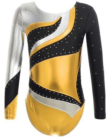 iEFiEL Mädchen Metallic Turnanzug Langarm Gymnastikanzug Tanzbody Leotard mit Strass Glänzende Ballett Trikot Turnkleidung Tanzkostüm Gold 134-140