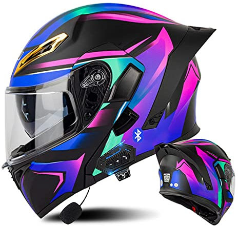 Bluetooth Modular Motorcycle Helmet with Tail ECE Approved Flip Up Front Helmets Dual Visors Full Face Integrated Helmet with Dual Speaker Microphone for Adults Men Women 55-64CM