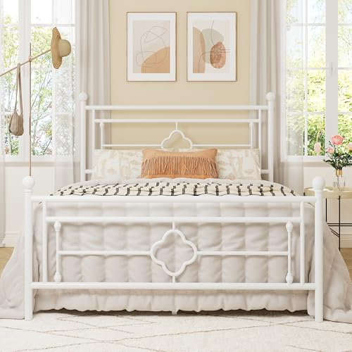 Allewie Queen-Size-Metallplattform-Bettgestell mit viktorianischem Vintage-Kopfteil und Fußteil/Matratzenfundament/Unterbettaufbewahrung/kein Boxspringbett erforderlich/geräuschfrei/einfache Montage,