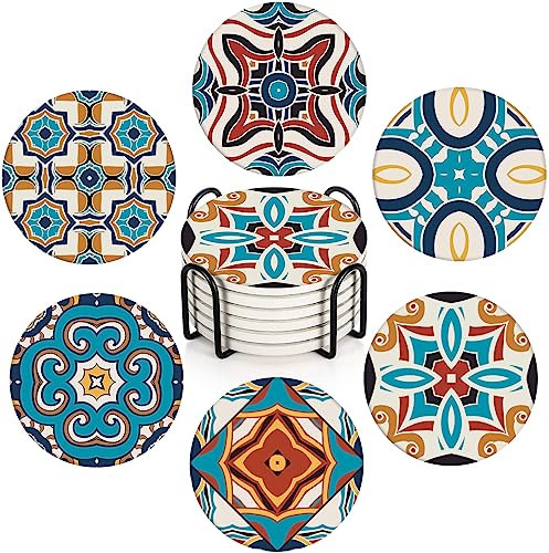 Untersetzer für Getränke, 6er-Set, spanisch-marokkanisch, kunstvolle Keramik-Muster, saugfähig, rund, Keramiksteinmatte, mit Korkboden und Metallhalter, Geschenk für Einweihungszimmer, Bar, Dekor