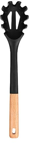 Tenedor de silicona para pasta, cuchara de fideos resistente al calor, colador de espaguetis sin BPA, 12.8 pulgadas, negro
