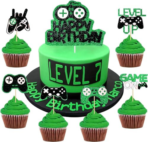 25 Stück Tortendeko Geburtstag Videospiel Torten Deko Gaming Dekoration Cupcake Kuchen Geburtstag Kuchen Deko Jungen Kinder Tortenaufleger für Kindergeburtstag Spiel Thema Party Dekoration(Grün)