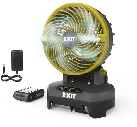 EXIT 20V tragbarer Nebelventilator EX022, batteriebetriebener Ventilator mit 3 Geschwindigkeiten und 3 Nebeleinstellungen, ideal für Camping, Grillpartys und Strand. Inklusive 2,0 Ah Batterie