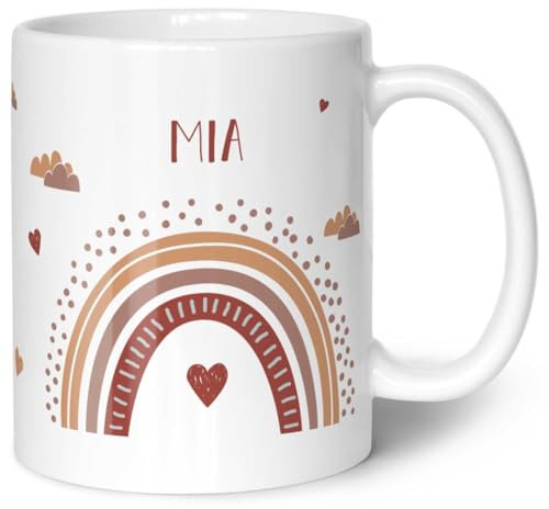 GRAVURZEILE Tasse für Kinder - im Regenbogen Design - Personalisiert mit Namen - Geschenk für Mädchen und Jungen zum Geburtstag - zur Kommunion und Konfirmation - Geburtstagsgeschenk - Weiß