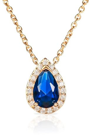 Diamond Treats Goldkette mit birnenförmigem Anhänger aus 925er Sterlingsilber mit einem blauen Zirkonia-Stein, Saphirblaue Halskette aus Gold für Frauen, Blaue Kette Gold für Damen