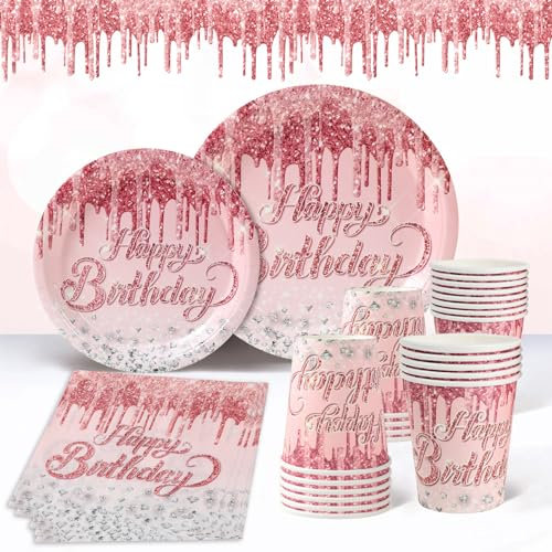 Juego de Vajilla Desechable Oro Rosa, 96pcs Vajilla Cumpleaños Diamante Oro Rosa con Platos Papel Tazas Servilletas, Decoración Cumpleaños Platos Desechable para Niña Mujer Fiesta de Cumpleaños