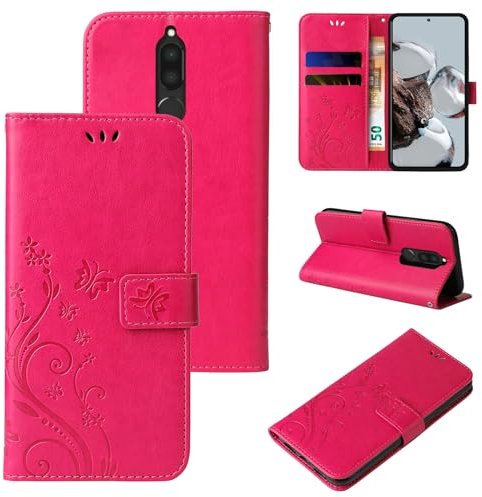 LBH Handy Hülle für Huawei Mate 10 Lite Case Handytasche Schmetterling Blumen Flower Standfunktion Schutzhülle Magnet Rundum Schutz 360 Grad Flipcase Cover Pink
