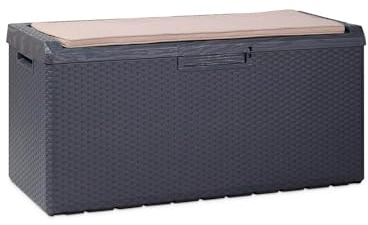 Avilia Aufbewahrungsbox mit Sitz und abnehmbarem Kissen für den Außenbereich – Truhe mit Rollen, wetterfest, aus Polypropylen, 340 l, 123 x 54 x 59 cm, Anthrazit